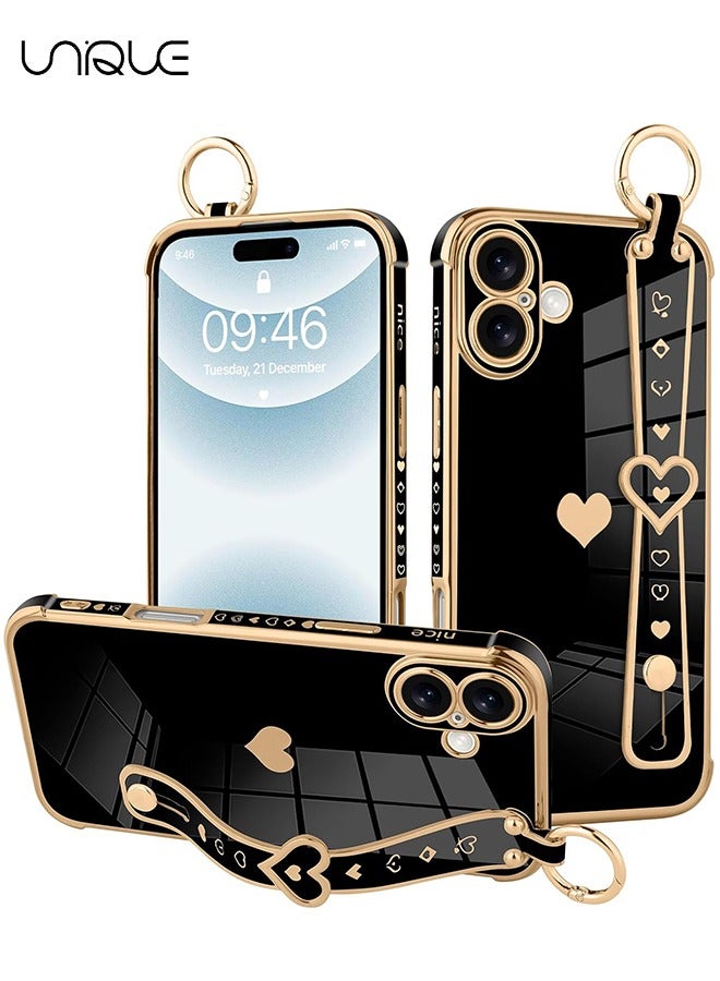 Unique Compatible with iPhone 16 Case, Adjustable Wrist Strap Kickstand, Cute Heart Luxury Gold Plating Bumper, Women Girl Men Protective Case Cover, Black - Image 1