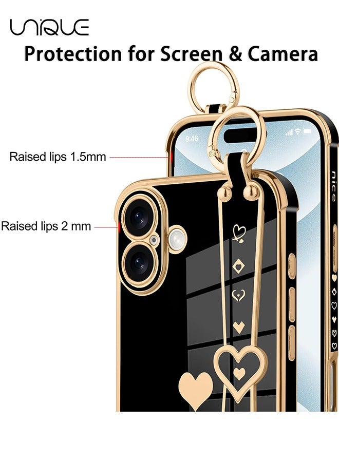 Unique Compatible with iPhone 16 Case, Adjustable Wrist Strap Kickstand, Cute Heart Luxury Gold Plating Bumper, Women Girl Men Protective Case Cover, Black - Image 3