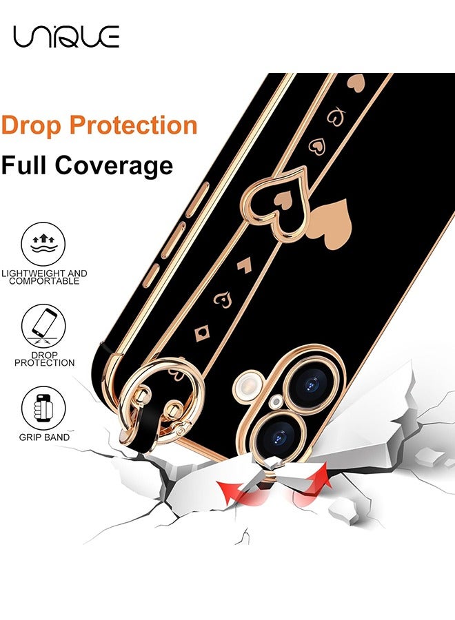 Unique Compatible with iPhone 16 Case, Adjustable Wrist Strap Kickstand, Cute Heart Luxury Gold Plating Bumper, Women Girl Men Protective Case Cover, Black - Image 4