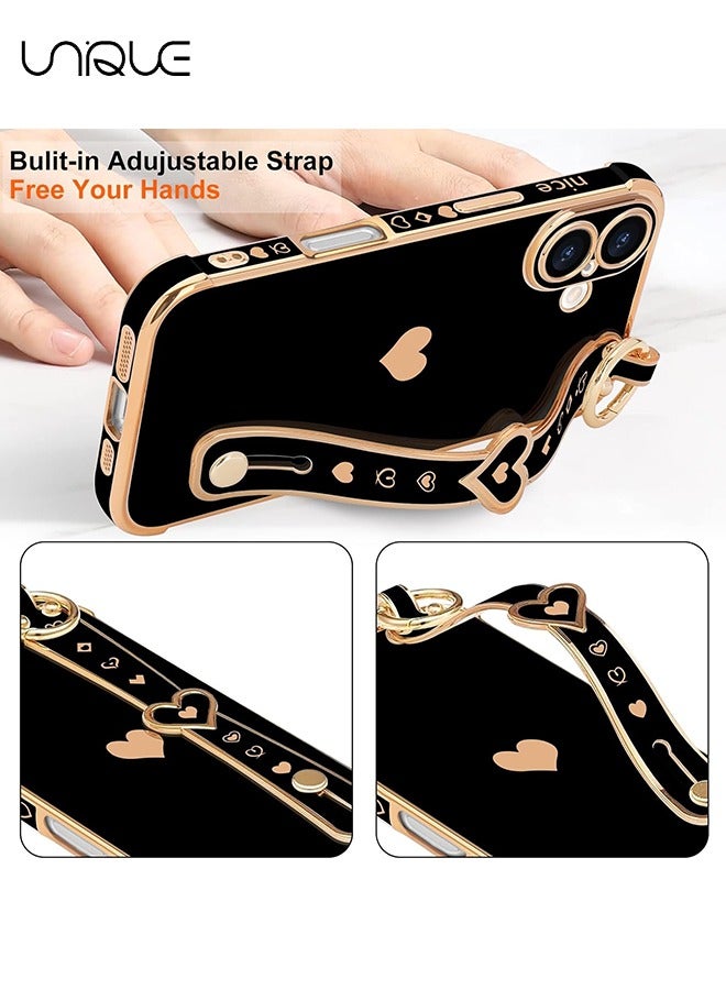 Unique Compatible with iPhone 16 Case, Adjustable Wrist Strap Kickstand, Cute Heart Luxury Gold Plating Bumper, Women Girl Men Protective Case Cover, Black - Image 5
