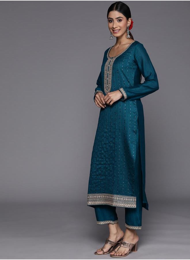 Libas - Silk Embroidered Kurta and Solid Trousers with Embroidered Dupatta Set by Styli - Image 1