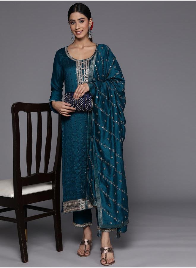 Libas - Silk Embroidered Kurta and Solid Trousers with Embroidered Dupatta Set by Styli - Image 1