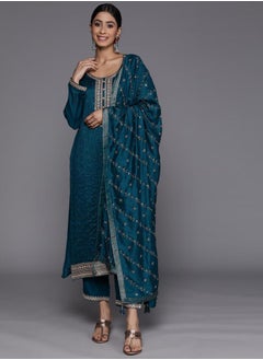 Silk Embroidered Kurta and Solid Trousers with Embroidered Dupatta Set by Styli