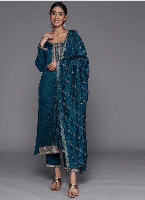 Silk Embroidered Kurta and Solid Trousers with Embroidered Dupatta Set by Styli