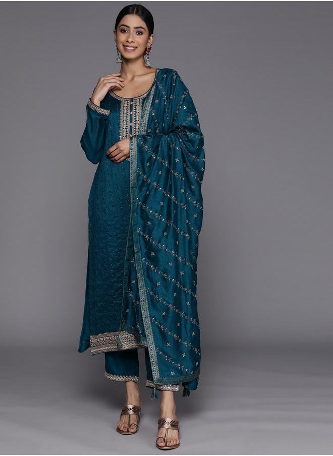 Libas - Silk Embroidered Kurta and Solid Trousers with Embroidered Dupatta Set by Styli - Image 1