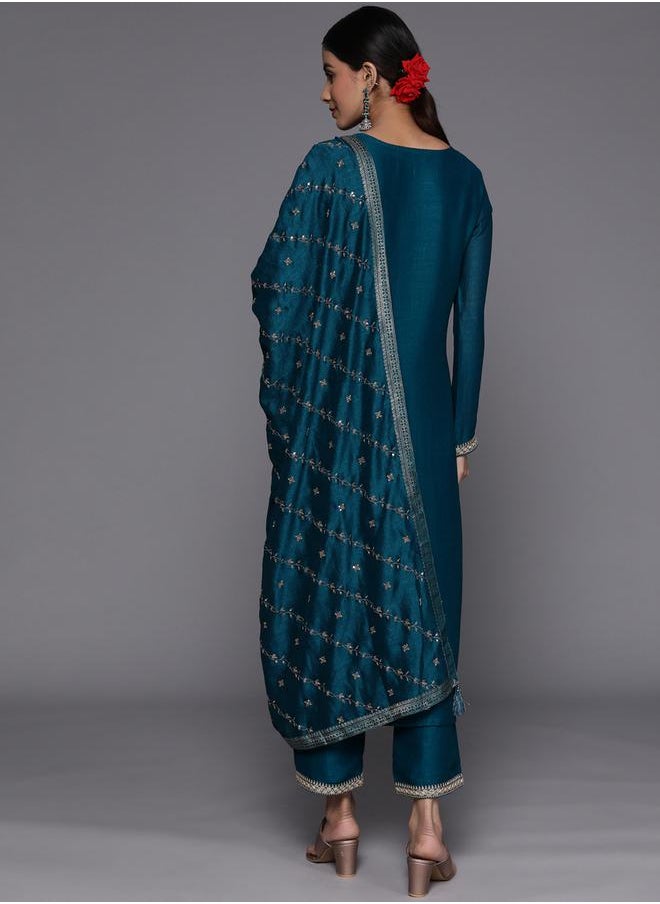 Libas - Silk Embroidered Kurta and Solid Trousers with Embroidered Dupatta Set by Styli - Image 1