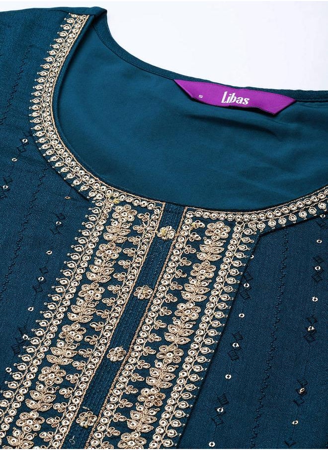 Libas - Silk Embroidered Kurta and Solid Trousers with Embroidered Dupatta Set by Styli - Image 1
