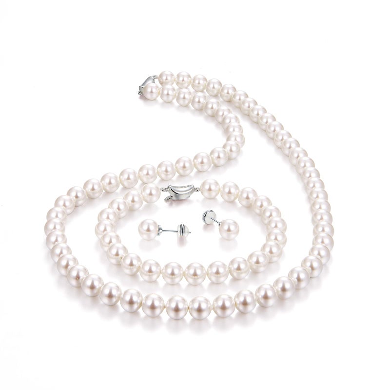 LOIPURI Pearl Necklace and Stud Earring Set Include Bracelet, 3 Piece Pearl Jewelry Set for Women with Preserved Rose Box Valentine's Day Gift - Image 1