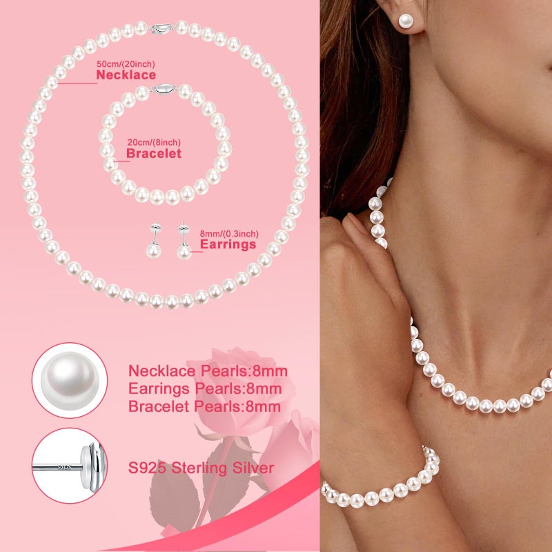 LOIPURI Pearl Necklace and Stud Earring Set Include Bracelet, 3 Piece Pearl Jewelry Set for Women with Preserved Rose Box Valentine's Day Gift - Image 3