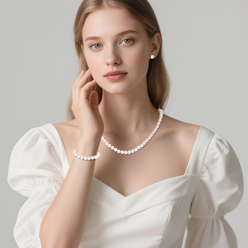 LOIPURI Pearl Necklace and Stud Earring Set Include Bracelet, 3 Piece Pearl Jewelry Set for Women with Preserved Rose Box Valentine's Day Gift - Image 5