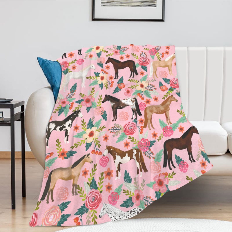 exroozy Horse Blanket Gifts for Girls Women Western Horses Flowers Fleece Flannel Throw Blankets Soft Lightweight Horse Plush Stuffed Animal Pink Throws for Horse Lovers Kids Adults Bed Sofa Decor 60""x50"" - Image 2