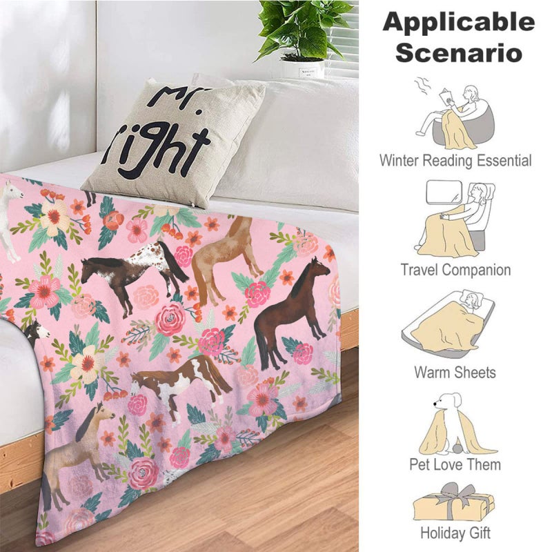 exroozy Horse Blanket Gifts for Girls Women Western Horses Flowers Fleece Flannel Throw Blankets Soft Lightweight Horse Plush Stuffed Animal Pink Throws for Horse Lovers Kids Adults Bed Sofa Decor 60""x50"" - Image 5