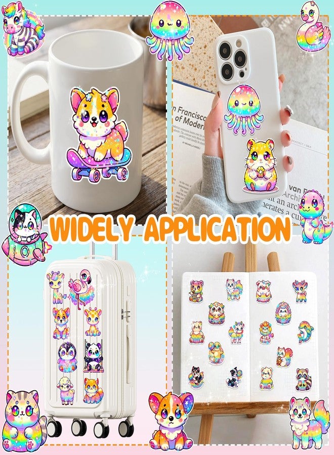 Auconda 100 Pcs Glitter Cute Rainbow Animal Stickers Vinyl Stickers Kawaii Holographic Stickers Cartoon Waterproof Starry Sky Animal Stickers for Children, Teens, and Adults (Dot Glitter) - Image 3