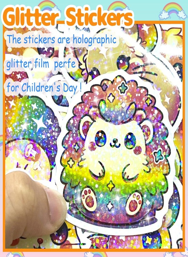 Auconda 100 Pcs Glitter Cute Rainbow Animal Stickers Vinyl Stickers Kawaii Holographic Stickers Cartoon Waterproof Starry Sky Animal Stickers for Children, Teens, and Adults (Dot Glitter) - Image 2