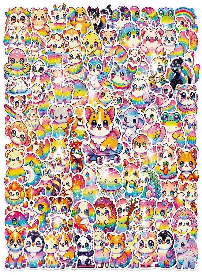 Auconda 100 Pcs Glitter Cute Rainbow Animal Stickers Vinyl Stickers Kawaii Holographic Stickers Cartoon Waterproof Starry Sky Animal Stickers for Children, Teens, and Adults (Dot Glitter) - Image 1