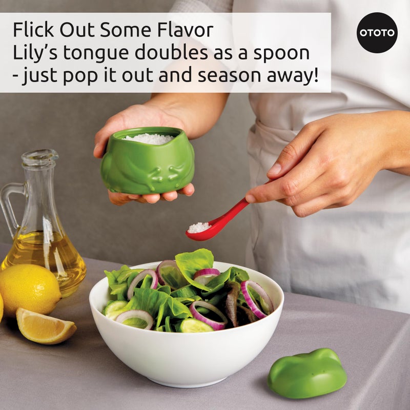OTOTO NEW Lily Salt Cellar with Lid and Spoon - 6 oz Frog Salt Containers for Countertop, Ceramic Salt Holder with Lid for Sugar, Frog Stuff, White Elephant Gifts, Cute Gifts Accessories - Green - Image 3