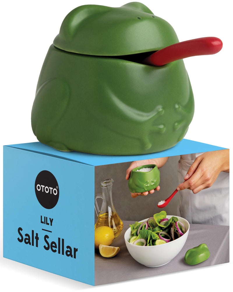 OTOTO NEW Lily Salt Cellar with Lid and Spoon - 6 oz Frog Salt Containers for Countertop, Ceramic Salt Holder with Lid for Sugar, Frog Stuff, White Elephant Gifts, Cute Gifts Accessories - Green - Image 1
