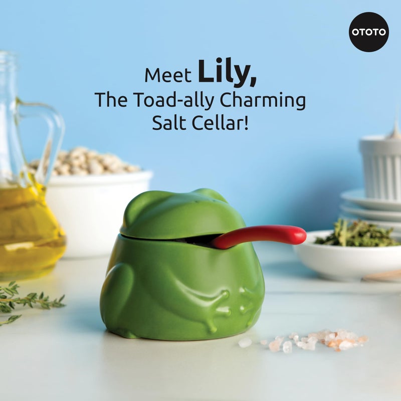 OTOTO NEW Lily Salt Cellar with Lid and Spoon - 6 oz Frog Salt Containers for Countertop, Ceramic Salt Holder with Lid for Sugar, Frog Stuff, White Elephant Gifts, Cute Gifts Accessories - Green - Image 2