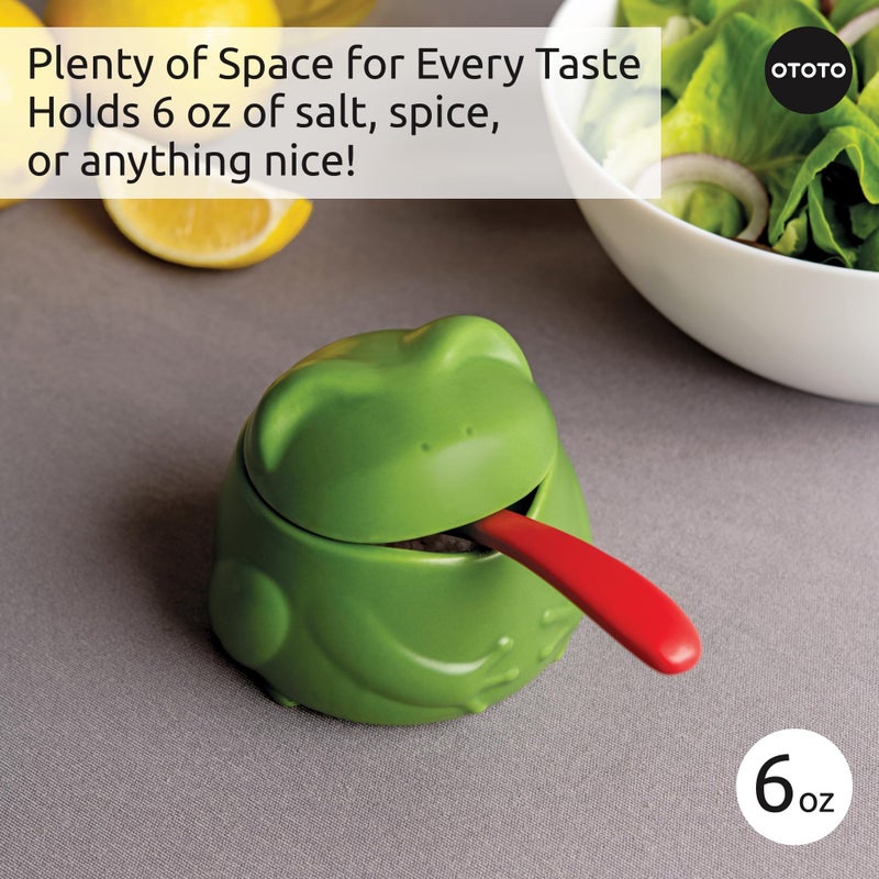 OTOTO NEW Lily Salt Cellar with Lid and Spoon - 6 oz Frog Salt Containers for Countertop, Ceramic Salt Holder with Lid for Sugar, Frog Stuff, White Elephant Gifts, Cute Gifts Accessories - Green - Image 4