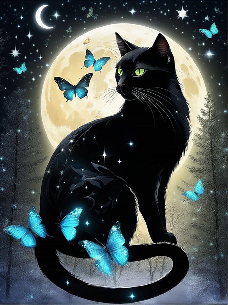 Meothan 5D Black Cat Diamond Art Kits for Adult Beginners Moon Cat Diamond Painting Kits for Adults Butterfly Diamond Painting Full Drill Round Rhinestones Gem Art for Home Wall Decor 11.8X15.7inch - Image 1