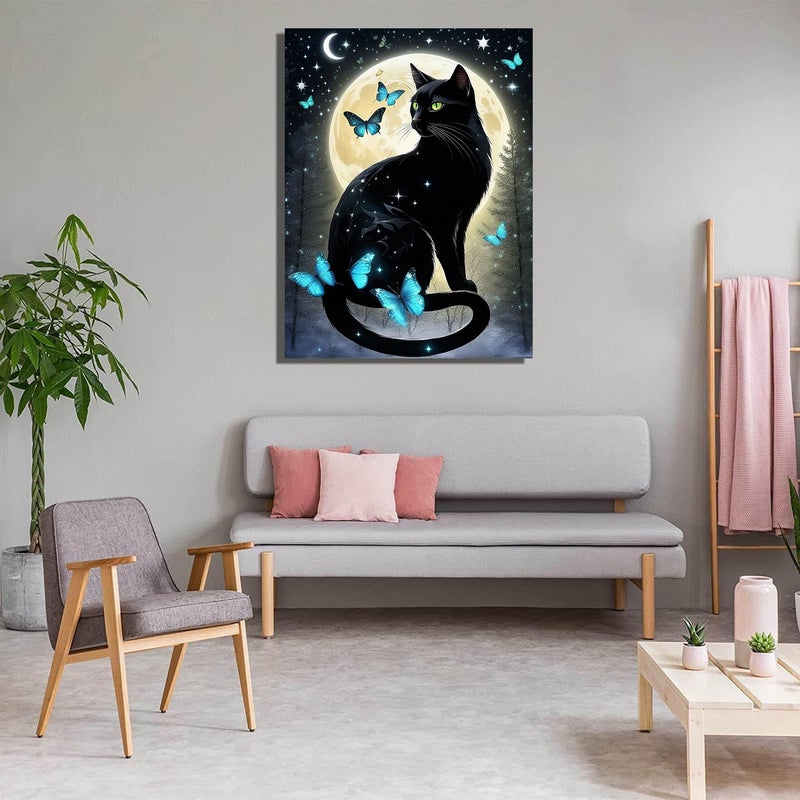 Meothan 5D Black Cat Diamond Art Kits for Adult Beginners Moon Cat Diamond Painting Kits for Adults Butterfly Diamond Painting Full Drill Round Rhinestones Gem Art for Home Wall Decor 11.8X15.7inch - Image 4