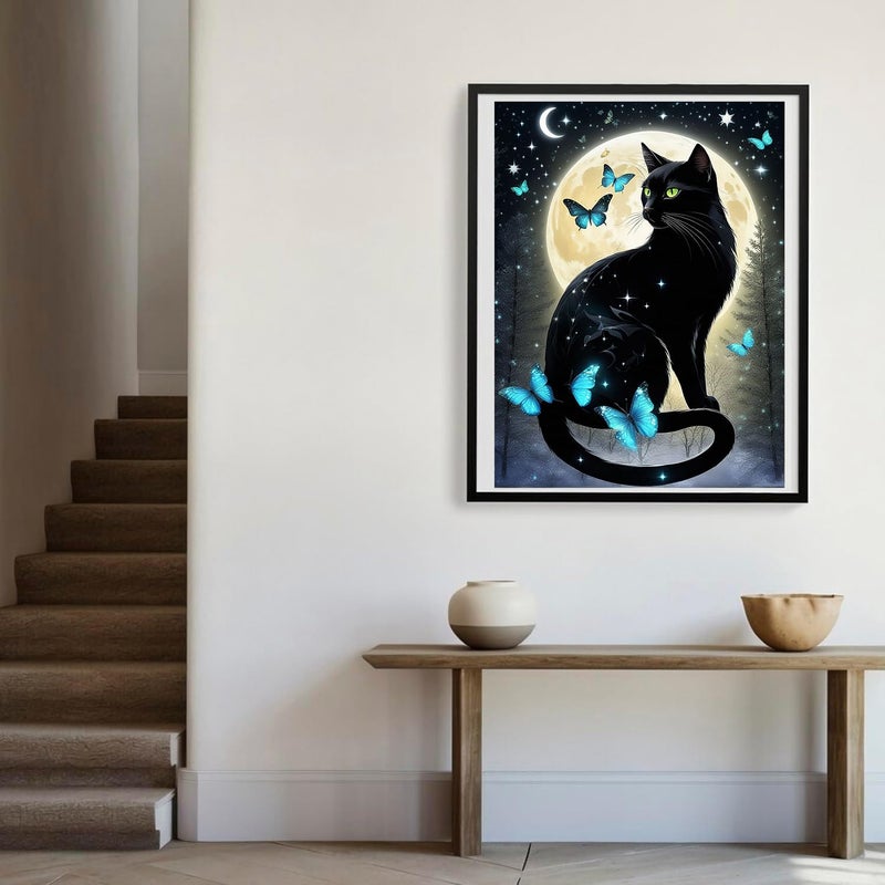 Meothan 5D Black Cat Diamond Art Kits for Adult Beginners Moon Cat Diamond Painting Kits for Adults Butterfly Diamond Painting Full Drill Round Rhinestones Gem Art for Home Wall Decor 11.8X15.7inch - Image 2