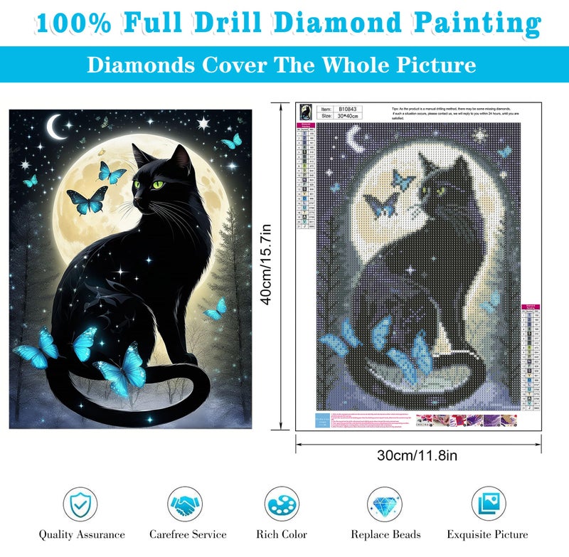 Meothan 5D Black Cat Diamond Art Kits for Adult Beginners Moon Cat Diamond Painting Kits for Adults Butterfly Diamond Painting Full Drill Round Rhinestones Gem Art for Home Wall Decor 11.8X15.7inch - Image 3