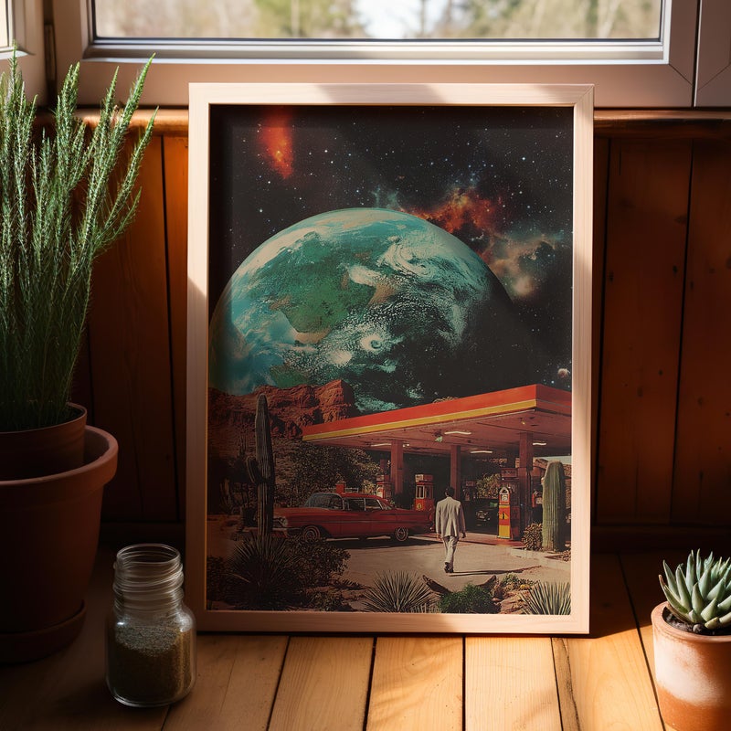 TNESSENTIAL Retro Sci-Fi Gas Station Art Poster or Canvas Print, Vintage Space Art Print, 50s Earth Collage Wall Art, Colorful Futuristic Home Decor - Image 1