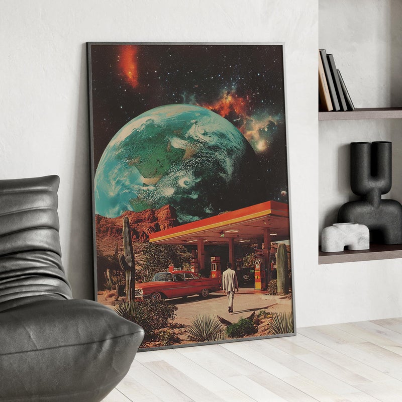 TNESSENTIAL Retro Sci-Fi Gas Station Art Poster or Canvas Print, Vintage Space Art Print, 50s Earth Collage Wall Art, Colorful Futuristic Home Decor - Image 3