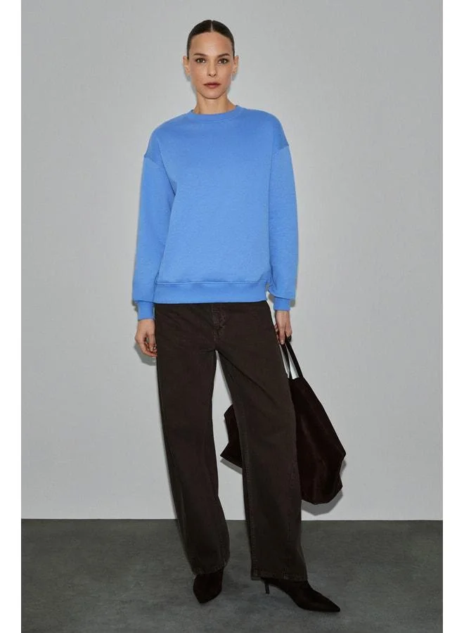 Grimelange VANELTINA Women's Organic Cotton Super Soft Fleece-Lined Round-Neck Blue Sweatshirt.