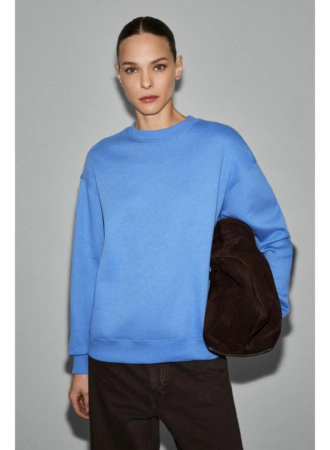 Grimelange VANELTINA Women's Organic Cotton Super Soft Fleece-Lined Round-Neck Blue Sweatshirt.