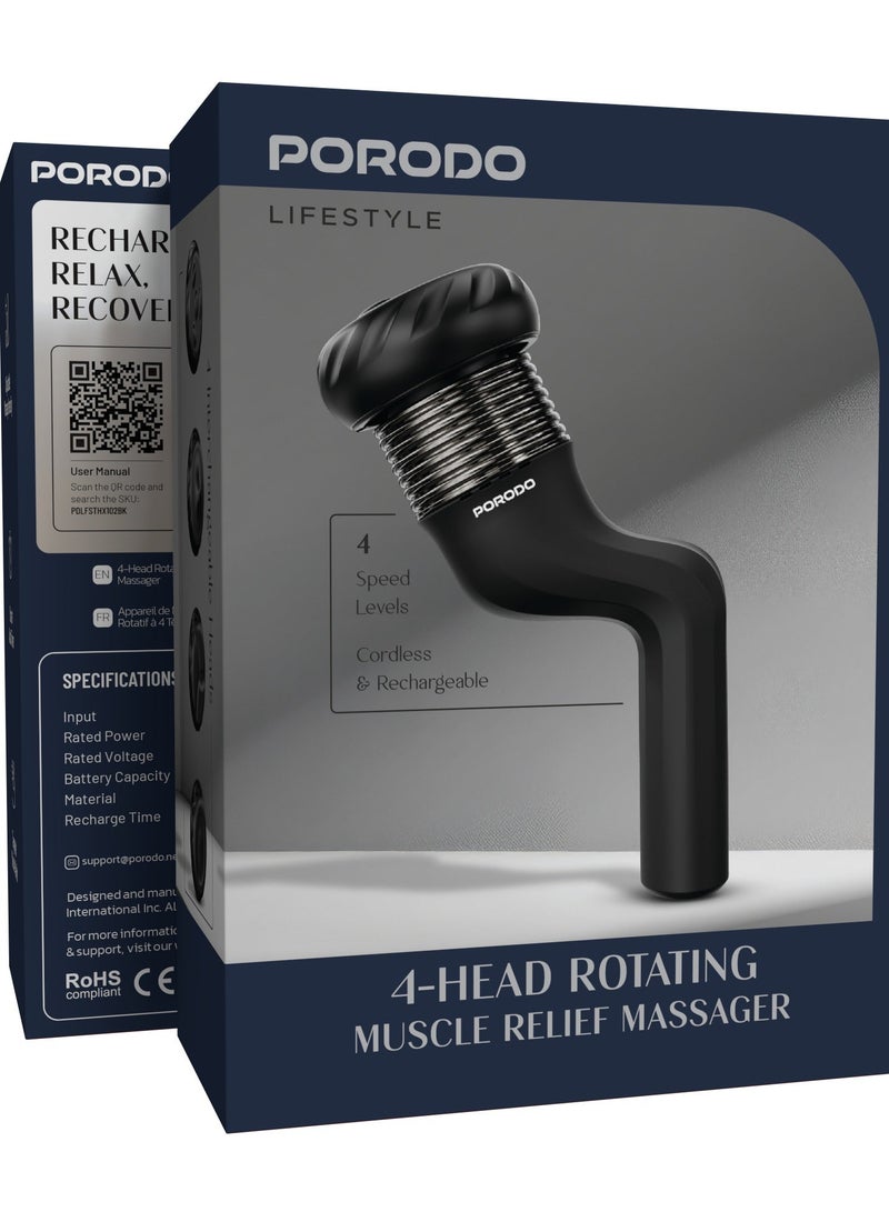 porodo Portable Handheld Multi-Speed Rotating Muscle Relief Massager with 4 Head / 1500mAh Battery Capacity / Smart Auto Timer / Adjustable Massage Intensity / Cordless & Rechargeable / 4 Speed Levels - Black - Image 5