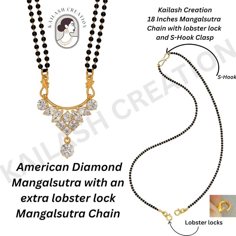 Kailash Creation American Diamond Round Square Single and Multi Stone Gold Plated Mangalsutra for Women – 18 Inch Black Bead Chain with S-Hook Clasp - Image 3