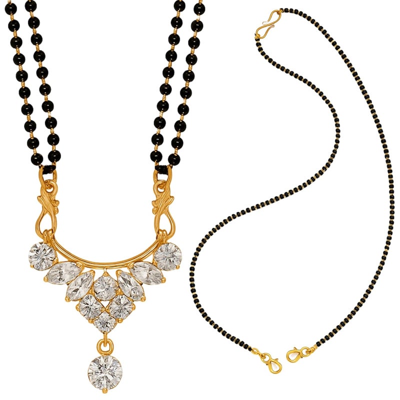 Kailash Creation American Diamond Round Square Single and Multi Stone Gold Plated Mangalsutra for Women – 18 Inch Black Bead Chain with S-Hook Clasp - Image 1