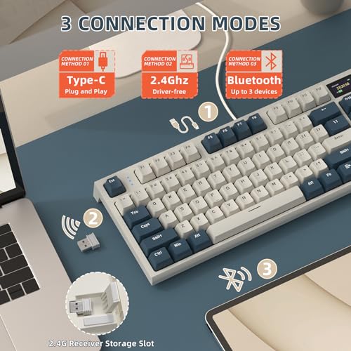 MAMBASNAKE ATTACK SHARK K86 Wireless Mechanical Keyboard with 1.2" TFT Color Display & CNC Knob,Hot Swappable RGB Backlit,2.4GHz/BT/Wired Modes,Customizable Blue Whale Switch,PBT Keycaps for WIN/MAC (Blue White) - Image 4