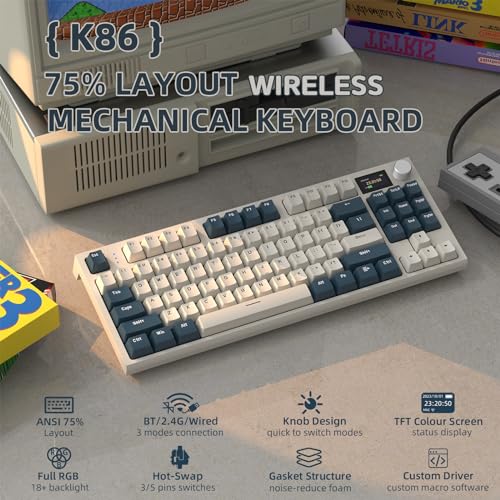 MAMBASNAKE ATTACK SHARK K86 Wireless Mechanical Keyboard with 1.2" TFT Color Display & CNC Knob,Hot Swappable RGB Backlit,2.4GHz/BT/Wired Modes,Customizable Blue Whale Switch,PBT Keycaps for WIN/MAC (Blue White) - Image 2