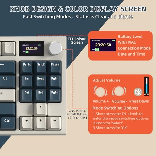 MAMBASNAKE ATTACK SHARK K86 Wireless Mechanical Keyboard with 1.2" TFT Color Display & CNC Knob,Hot Swappable RGB Backlit,2.4GHz/BT/Wired Modes,Customizable Blue Whale Switch,PBT Keycaps for WIN/MAC (Blue White) - Image 3