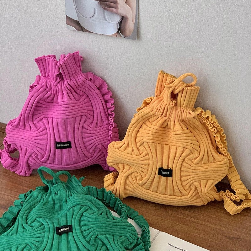 Backpack Women'S South Korea Dongdaemun Personality Niche Design Casual Knitted Woven Handbag Drawstring Handbag - Image 2