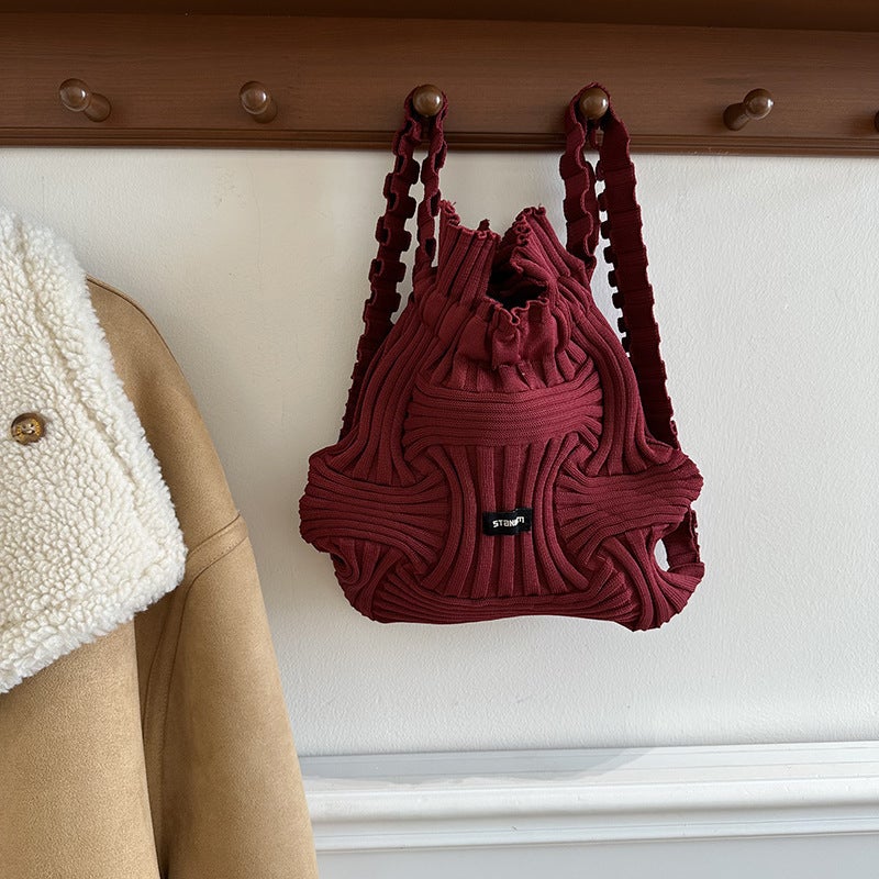 Backpack Women'S South Korea Dongdaemun Personality Niche Design Casual Knitted Woven Handbag Drawstring Handbag - Image 4