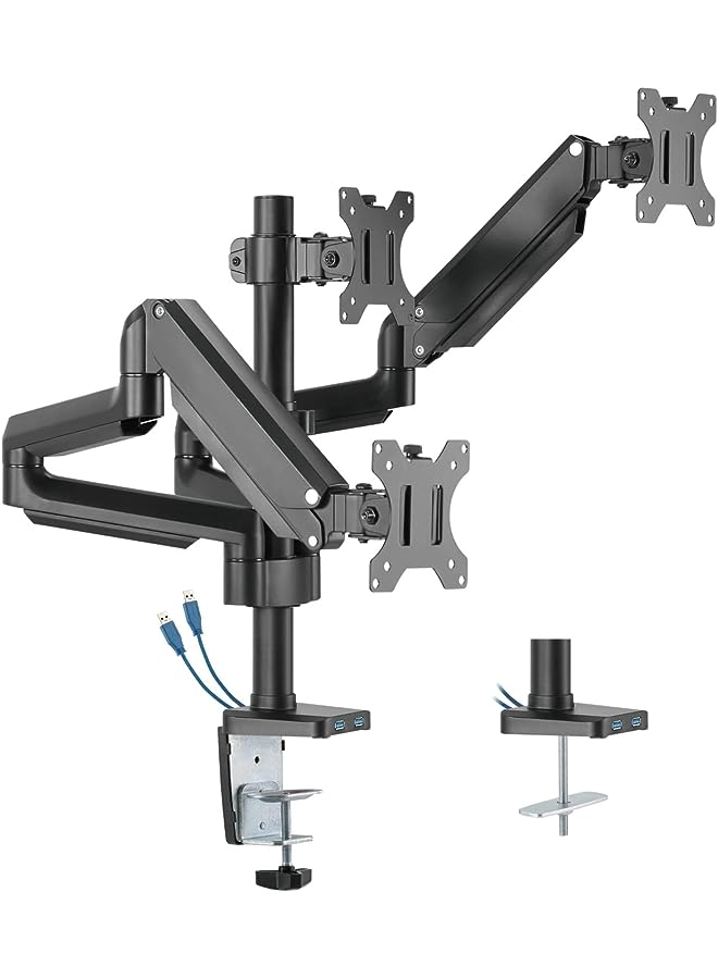 Zaboon Minds Triple 17 Inches-32 Inches Monitor Arm Aluminum Desk Mount Fits Three Monitor Full Motion AdjUStable With USb 3.0- Vesa/C-Clamp/Grommet/Cable Management  - Image 1
