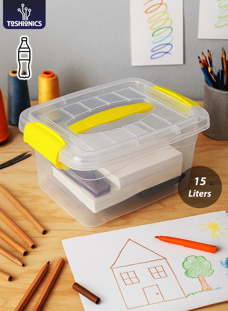 توشيونيكس صندوق تخزين بلاستيكي شفاف فاخر سعة 15 لترًا مع غطاء قابل للقفل ومقبض حمل وأقفال T114629 - صندوق منظم شفاف قابل للتكديس للملابس والألعاب والأدوات وتخزين المنزل (34×25×21 سم) - Image 1