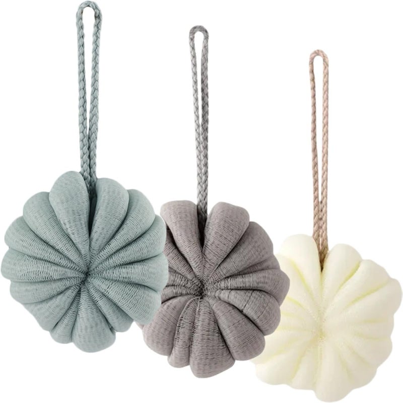 Exfoliating Bath Sponge Set 3 Pack Body Scrubber Loofah Mesh Green Beige Yellow - Image 2