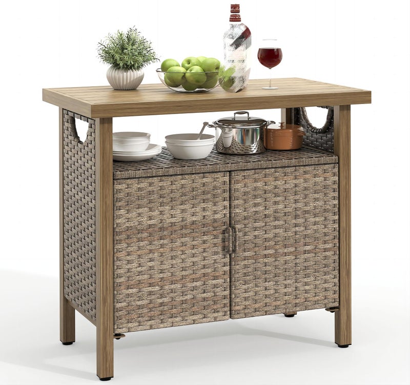 YITAHOME YITAHOME Outdoor Storage Cabinet Patio Bar Table with Two Doors and Shelves Weatherproof Wicker Storage Console Table for Outdoor Cushions Pool Tool and Garden Potting  Brown