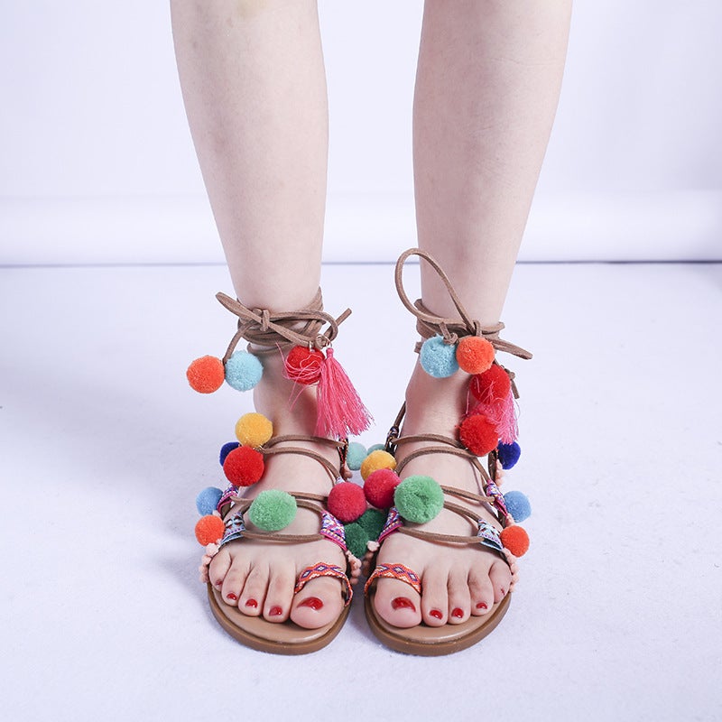 2023 Summer New Ethnic Style Colorful Fur Ball Sandals Women''s Ankle Strap 43 Size Flat Roman Women''s Sandals - Image 5
