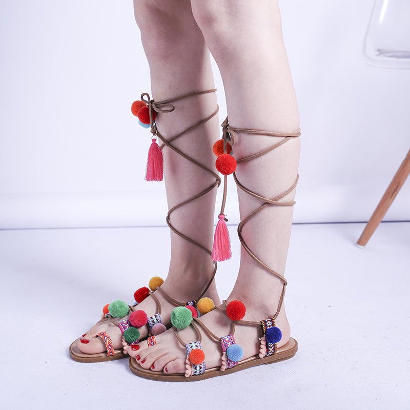 2023 Summer New Ethnic Style Colorful Fur Ball Sandals Women''s Ankle Strap 43 Size Flat Roman Women''s Sandals - Image 2