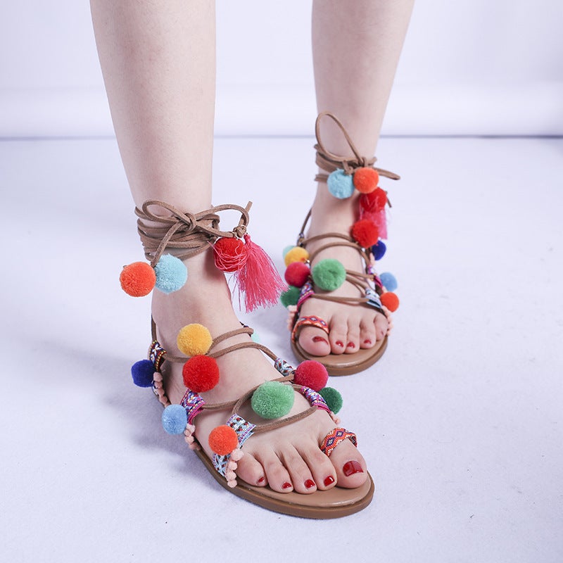 2023 Summer New Ethnic Style Colorful Fur Ball Sandals Women''s Ankle Strap 43 Size Flat Roman Women''s Sandals - Image 4
