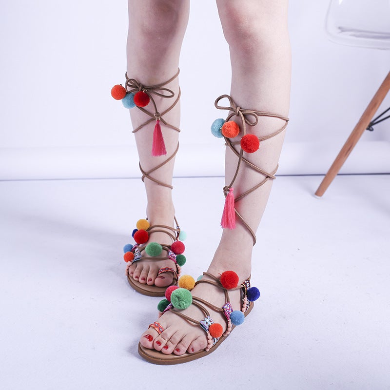 2023 Summer New Ethnic Style Colorful Fur Ball Sandals Women''s Ankle Strap 43 Size Flat Roman Women''s Sandals - Image 3