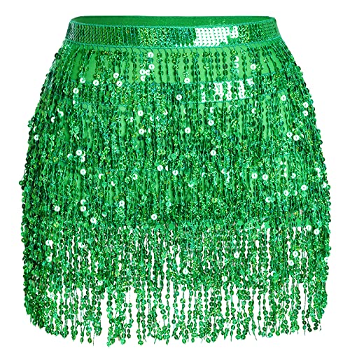 SUMERSHA Belly Dance Hip Scarf Sequin Tassel Skirt Performance Outfits Sparkly Fringe Wrap Halloween Costume Party Rave Festival Skirt for Women and Girls, Green - Image 1