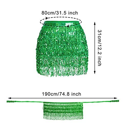 SUMERSHA Belly Dance Hip Scarf Sequin Tassel Skirt Performance Outfits Sparkly Fringe Wrap Halloween Costume Party Rave Festival Skirt for Women and Girls, Green - Image 2