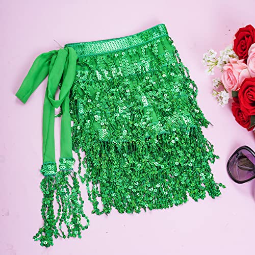 SUMERSHA Belly Dance Hip Scarf Sequin Tassel Skirt Performance Outfits Sparkly Fringe Wrap Halloween Costume Party Rave Festival Skirt for Women and Girls, Green - Image 4